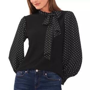 CECE Mixed Media Tie Neck Top size Medium. Black Polka Dot - SOLD OUT - NWT